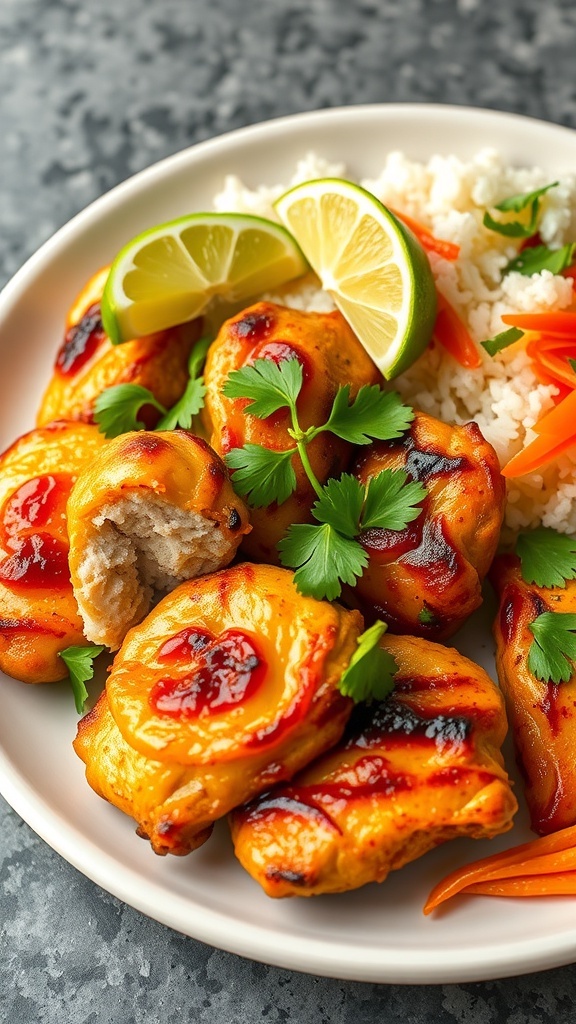 Grilled lemongrass chicken served with rice and vegetables, garnished with cilantro and lime.
